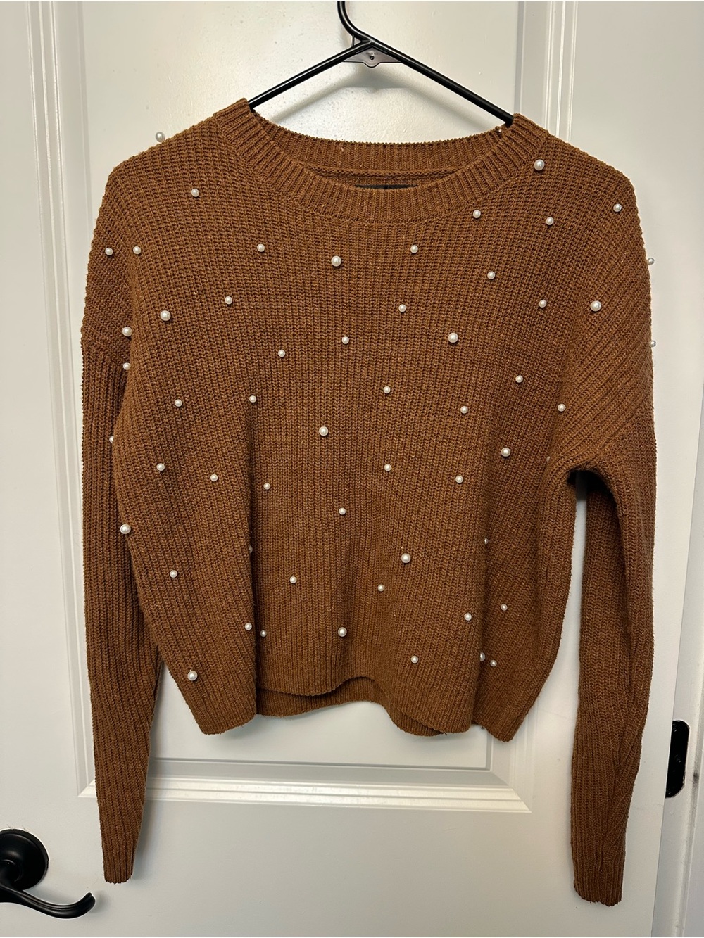 SHEIN Brown Crewneck Sweater with Pearl Accents